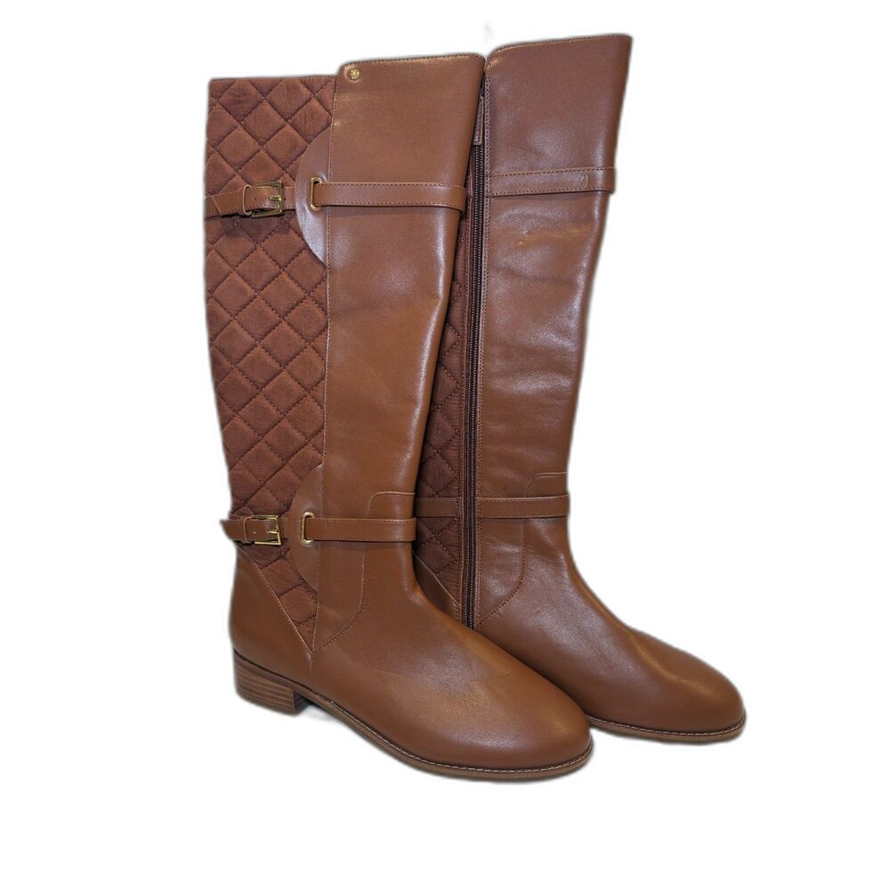 Isaac Mizrahi Live Wide Calf Quilted Leather Riding Boots Brown Cognac 9.5 NWOT